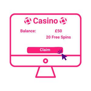Claim online casino offer. Pink icon graphic.