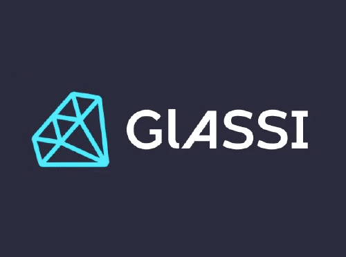 Glassi Casino Square Logo. Light blue diamond on dark blue background.