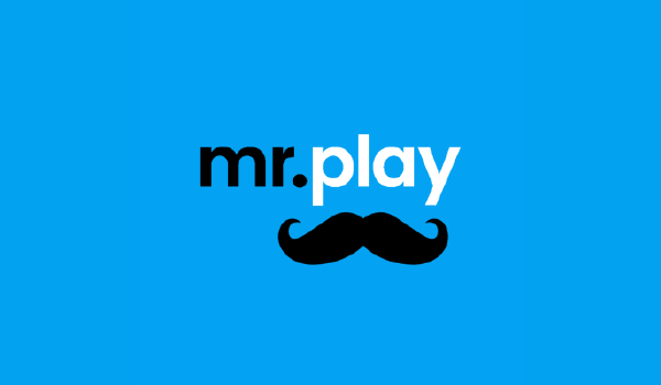 Mr Play Horizontal Logo. Blue background, black moustache