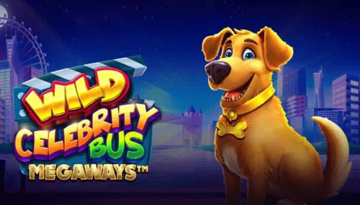 Wild Celebrity Bus Megaways. Game cover with dog in front.