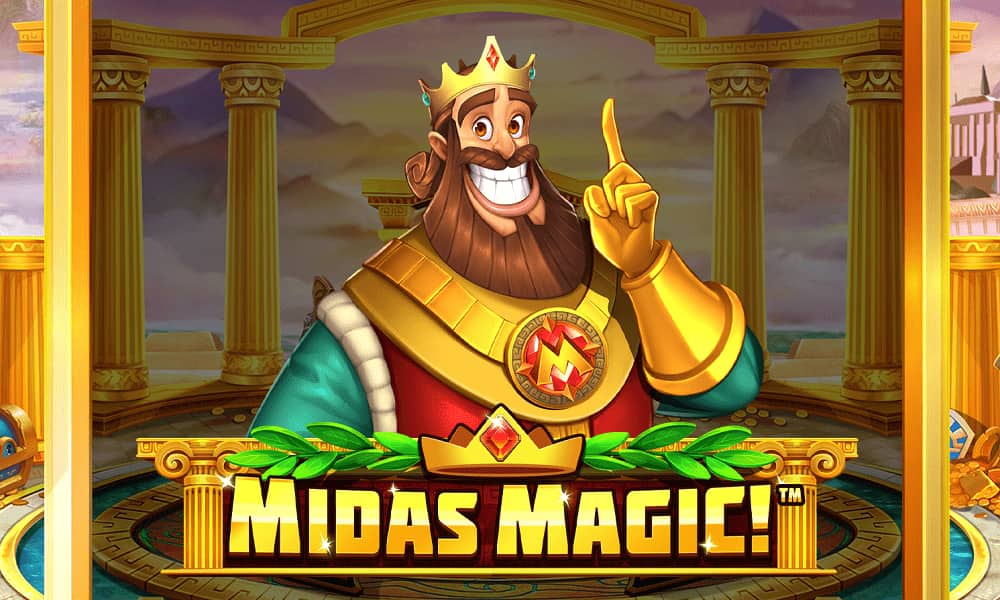 Midas Magic Slot cover. Midas smiling and wearing a gold glove.