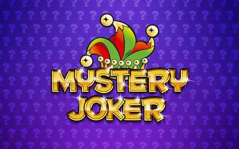 Mystery Joker Slot Cover. Purple background with question marks and jester hat.