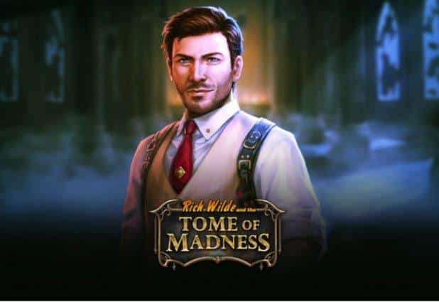 Rich Wilde and the Tome of Madness Slot Cover. Man in suit in front of eerie backdrop.