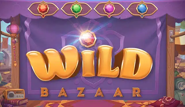 Wild Bazaar NetEnt. Slot cover with the word 'Wild' in bright yellow font and gems at the top.