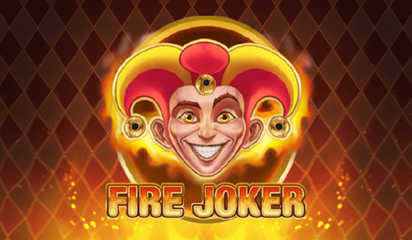 Fire Joker Slot. Dark red background with fire at bottom and joker with hat in the centre.