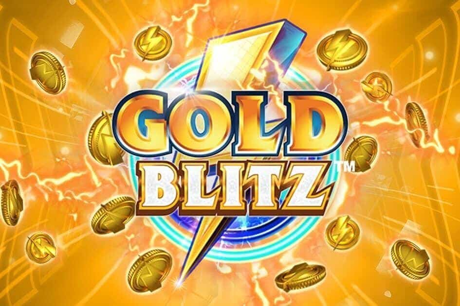 Gold Blitz Slot. Gold lightning with gold coins floating in the background.