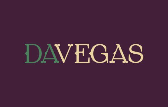 DaVegas Horizontal Logo. Green and beige letters against purple backdrop.