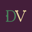 DaVegas Square Logo. Green and beige font with purple background.