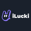 iLucki Casino Square Logo. Dark blue background with purple logo and white font.